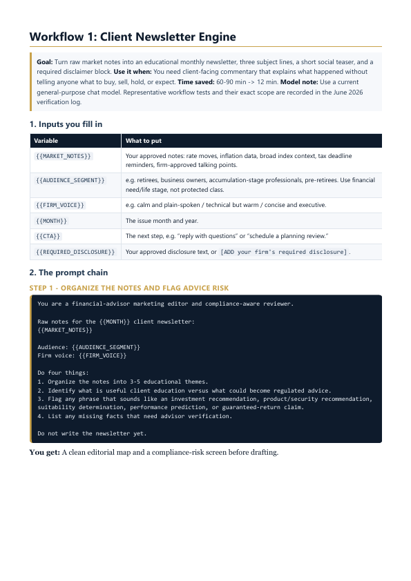 Actual rendered Client Newsletter workflow page