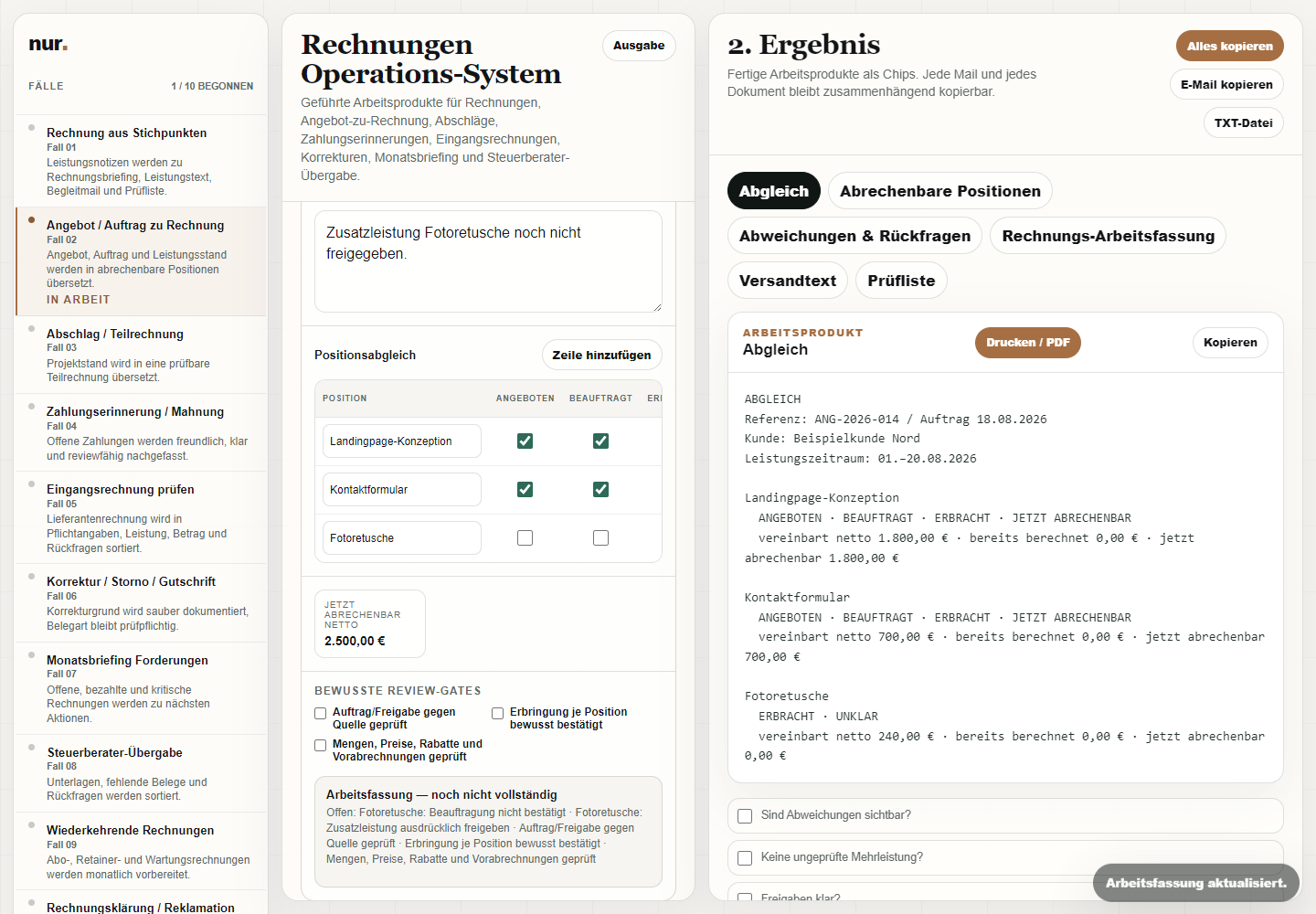 Arbeitsansicht für Rechnungsaufgaben: links die Fallauswahl, mittig die zu prüfenden Angaben und rechts das nutzbare Ergebnis